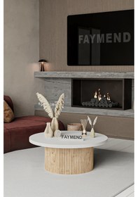 Resim Faymend Kooky Modern Yuvarlak Meşe - Beyaz Ahşap Orta Sehpa '70cm' Sarı 