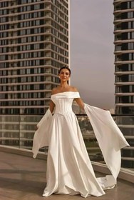 Resim Nicole Straplez Drape Detaylı Saten A Kesim Gelinlik - Kırık Beyaz / 34 