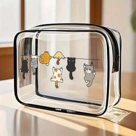 Resim Seyahat makyaj çantası, fermuarlı, geniş kapasiteli, kolay temizlenebilir - şık ve yüksek kaliteli kadın saklama çantası, küçük PVC çanta, seyahat için taşınabilir, dinamik kedi desenli 