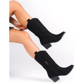 Resim Kadın Lori Siyah Süet Nakişli Fermuarli Western Kovboy Çizme Bot Siyah Süet 