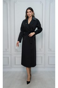 Resim Eccim Fashion Deri Detaylı Broşlu Sade Uzun Kadın Ceket Trençkot 