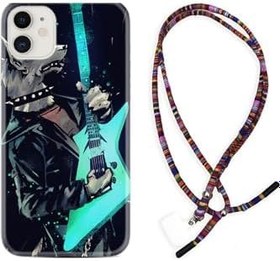 Resim kilifland Iphone 12 Mini Uyumlu ile Uyumlu Kılıf Rasta Ipli Boyun Askılı Desenli Silikon Dog Guitar 1789 