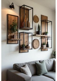 Resim 4'lü Duvar Rafı Dekoratif Metal Modern Duvar Ünitesi Salon, Oturma Odası Duvar Rafı Ahşap, Metal Siyah 