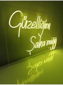 Resim Güzelliğim Şaka Mığğ Yazı Neon Led Tabela Duvar Dekoru Sarı 120x60 cm, güzellimrvb32 