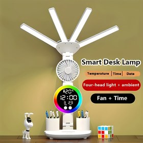 Resim 1 adet Akıllı Dokunmatik LED Masa Lambası, Fanlı, 3 Hızlı Ayarlanabilir Anti-Mavi Işık, USB Güçlü, Dayanıklı PVC, Göz Bakımı Gece Lambası, Taşınabilir Fan, Öğrenciler İçin İdeal Noel Hediyesi - Pil Yok, Elektronik Bileşenler Dahil 