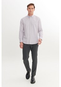 Resim AC&Co / Altınyıldız Classics Erkek Grı Pamuklu Slim Fit Dar Kesim Düğmeli Yaka Çizgili Gömlek Gri 