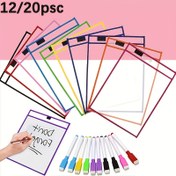 Resim 20/12 adet Yeniden Kullanılabilir Kuru Silme Cebi Seti, Ekstra Büyük Yazma Mendilleri Öğretmenler Okul Sınıfı Malzemeleri için Şeffaf Plastik Sayfa Koruyucu ile 10 Kuru Silme Çantası + 10 Kalem 