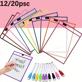 Resim 20/12 adet Yeniden Kullanılabilir Kuru Silme Cebi Seti, Ekstra Büyük Yazma Mendilleri Öğretmenler Okul Sınıfı Malzemeleri için Şeffaf Plastik Sayfa Koruyucu ile 10 Kuru Silme Çantası + 10 Kalem 