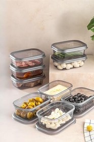Resim 9lu Büyük Boy Dikdörtgen Plastik Kapak Kahvaltılık Seti 400 ml Antrasit Erzak Kavanoz Seti 