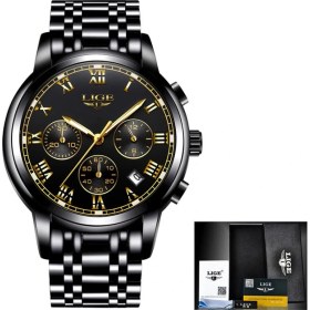 Resim Hanyang Siyah Altın Lıge Erkek Saatler Top Marka Lüks Moda Kuvars Altın Izle Erkek Iş Paslanmaz Çelik Su Geçirmez Saat Relogio Masculino (Yurt Dışından) 