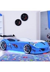 Resim Arabalı Yatak, Jaguar Rüzgarlıklı Full Ledli Arabalı Yatak - Mavi 1 Adet Comfort Yatak 