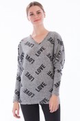 Resim Cotton Mood 83609451 Yumoş Love Baskılı V Yaka Yarasa Bluz Grı 