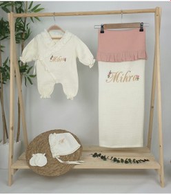 Resim Gros Shop Müslin Yeni Doğan 4katlı Organik %100pamuk Kişiye Özgü Nakışlı Hastane Çıkış Seti Papatya Model-11 Ekru 