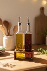 Resim Snippy Olea - 2'li Ahşap Yüksek Standlı Cam Zeytinyağı Şişesi Yağlık Damlatmaz Yağlık Sirkelik 500ml Ahşap 