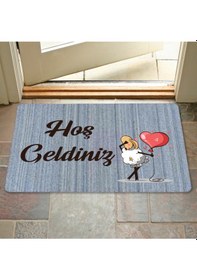 Resim Dijital Baskılı Kapı Önü Paspas Hoşgeldiniz Yazılı Çiçek Desen Ve Kedi Iç Ve Dış Kapı Yıkanabilir Pembe 