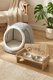 Resim Gobypet İsim Yazılabilir Kare Mama Kabı Ve Keçe Kedi ve Küçük Irk Köpek Evi Seti Gri 
