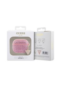 Resim Apple Uyumlu AirPods 3. Nesil Kılıf Guess Lisanslı Parıltılı Taş Kaplamalı Üçgen Logo Süs Zincirli Pembe 