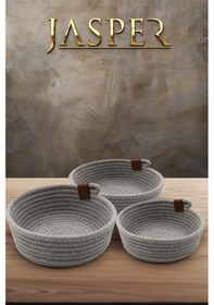 Resim Jasper 3'lü Gri Jüt Hasır Sepet Oval Özel Tasarım Organizer 