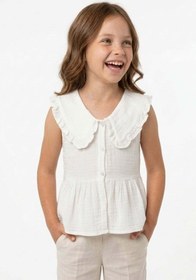 Resim Fulla Moda Fırfırlı Bebe Yaka Müslin Kumaş Kız Çocuk Gömlek 
