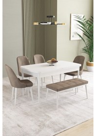 Resim Ikon Beyaz 80x132 Mdf Açılabilir Mutfak Masası Takımı 4 Sandalye, 1 Bench Cappucino 