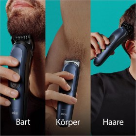 Resim Braun Hepsi Bir Arada Giyotin Seti 7, 10'u 1 Arada Çoklu Bakım, Sakal Kesme Makinesi, Burun Kılı Kesme Makinesi, Yüz, Baş ve Vücut Için Saç Kesme Makinesi, 100 Dak. Pil, (3-21 Mm), MGK7421, Mavi 