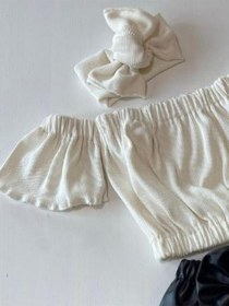 Resim Özge Başaran Kız Çocuk, Likralı Deri Fiyonk Detaylı Pantolon, Krem Straplez Crop Bluz Ve Saç Krem 