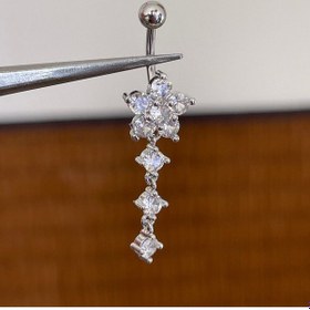 Resim 316 L Cerrahi Çelik Anti Alerjik 10 Mm Kristal Taşlı Sallantılı Çiçek Model Göbek Piercingi Kristal Gümüş 