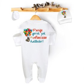 Resim Niles Baby design for baby Paniğe Gerek Yok Amcam Halleder Yazılı Tulum Set (tulum Bere Eldiven) 