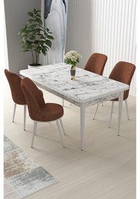 Resim Canisa Nil Serisi 70x110 Sabit Mutfak Masası Takımı Beyaz Mermer Desen Masa 4 Kiremit Sandalye Masa Beyaz Mermer Desen Sandalye Kiremit 