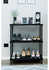 Resim 3 Katlı Ayakkabılık Raf - Çevir Tak Sistemli Kolay Kurulum Metal Gövde Ahşap Raflı Organizer Siyah Mermer 