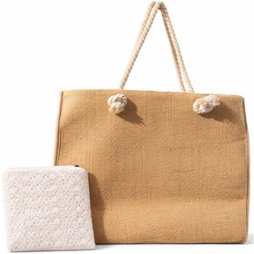 Resim Jüt Tote Çanta - Fermuarlı- 54 34 Cm- Aquatolia - Plaj Çantası Bej 