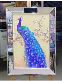 Resim Ayna Çerçeveli Gümüş Simli Mavi Tavus Kuşu Kanvas Tablo 