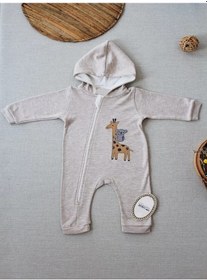 Resim Fermuarlı Zürafa Nakışlı Kapşonlu Erkek Bebek Tulumu Kahverengi Melanj 001 