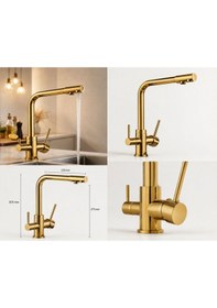 Resim 3 Yollu Musluk Su Arıtma Musluğu Gold Üç Yollu Çoklu Musluk Altın Rengi Mutfak Bataryası 