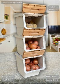 Resim 3'lü Bambu Tekerlekli Sebzelik Patates Soğan Sepeti Şık Organizer Patateslik Soğanlık Kutu 36 L Bambu-krem 
