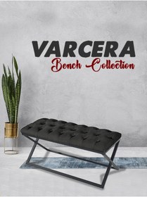 Resim Gazzini furniture Varcera Antrasit Puf - Siyah Çapraz Metal Ayaklı, Kapitoneli Chester Model Bench Puf 