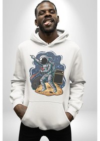Resim Gitar Astronot Müzik Uzay Kadın Erkek Beyaz Kapüşonlu Sweatshirt Hoodie Beyaz 