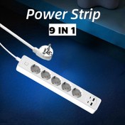 Resim 9'lu Güç Şeridi, 5 AB Prizi, 2 USB-A ve 2 USB-C Bağlantı Noktası, 2 Metre Uzatma Kablosu, Aşırı Yük Koruması, Bağımsız Anahtarlar, Ev, Ofis, Yurt ve Oyun Odası İçin Çoklu Cihaz Uyumluluğu 
