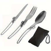 Resim Paslanmaz Çelik Kamp Yemek Takımı - Yürüyüş ve Piknikler için Çatal, Bıçak & Kaşık İçerir 