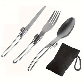 Resim Paslanmaz Çelik Kamp Yemek Takımı - Yürüyüş ve Piknikler için Çatal, Bıçak & Kaşık İçerir 