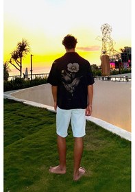 Resim Flaw Flowers Sırt Baskılı Oversize Kısa Kol Gömlek Siyah-26188 Siyah 