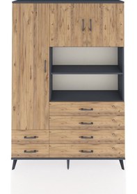 Resim Arges Dolap 8 Raflı 6 Çekmeceli 3 Kapaklı 132x30x195 Antrasit-çam/çam Atlas Çam/atlas Çam 