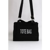 Resim Önü Cepli Siyah Tote Bag Işlemeli Kol Çantası 
