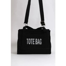 Resim Önü Cepli Siyah Tote Bag Işlemeli Kol Çantası 