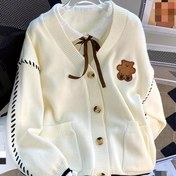 Resim Kadınların Renk Bloğu Hırka - V-Yaka Düğmeli Kazak, Ribana Kolluk, Uzun Kolluk ve Sonbahar/Kış İçin Ön Cebi ile Sevimli Kazak 