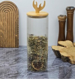 Resim Boynuz Desenli Cam Kavanoz - Bambu Kapaklı Borosilikat Cam Kavanoz - 33 Cm - Yuvarlak 