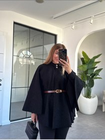 Resim BE CHİC Kadın siyah kemerli buklet kumaş salaş panço m5000 