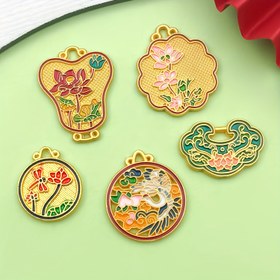 Resim 5 adet Çin Tarzı Altın Lotus Şanslar için - Retro Mat Ruyi ve Fan Şekilli Kolyeler, Bileklikler, Küpeler için DIY - Renkli Çinko Alaşım Takı El Sanatları Aksesuarları ile Çiçek Desenleri, Takı Yapımı için Lotus Şanslar 