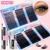 Resim MAGEFY 590 Küme Büyük Kapasiteli DIY Sahte Kirpikler, 20D-80D Karışık Paket, yapıştırıcı ve mühürleme + kirpik çıkarıcı + teewzers + fırça ile, 8-16mm kıvrımlı kabarık kalın kedi gözü ince manga kirpik kiti, seyahat, parti makyajı, Sevgililer Günü hediyesi için uygun 