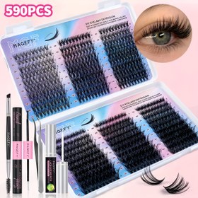 Resim MAGEFY 590 Küme Büyük Kapasiteli DIY Sahte Kirpikler, 20D-80D Karışık Paket, yapıştırıcı ve mühürleme + kirpik çıkarıcı + teewzers + fırça ile, 8-16mm kıvrımlı kabarık kalın kedi gözü ince manga kirpik kiti, seyahat, parti makyajı, Sevgililer Günü hediyesi için uygun 